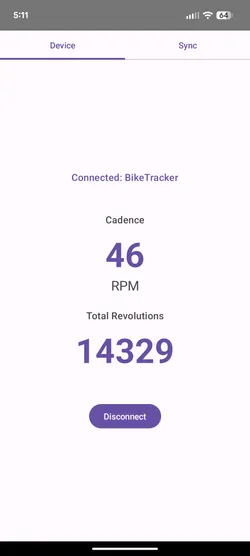 App connected to bike showing live cadence