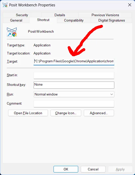 The shortcut properties window